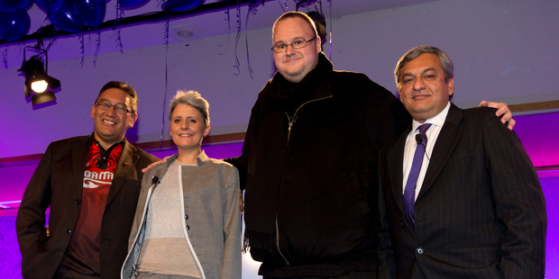 Mana Party's Hone Harawira, Internet Party Laila Harre, Kim Dotcom and Vikram Kumar. Photo / Brett Phibbs
