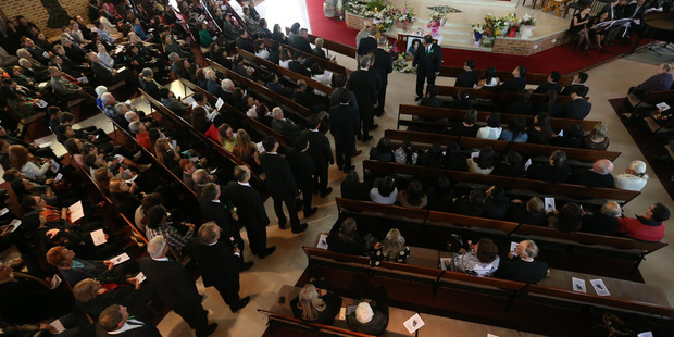 Hundreds of people gather at St Mary's Church in Northcote for the funeral of Bessie Gotingco. Photo / Greg Bowker