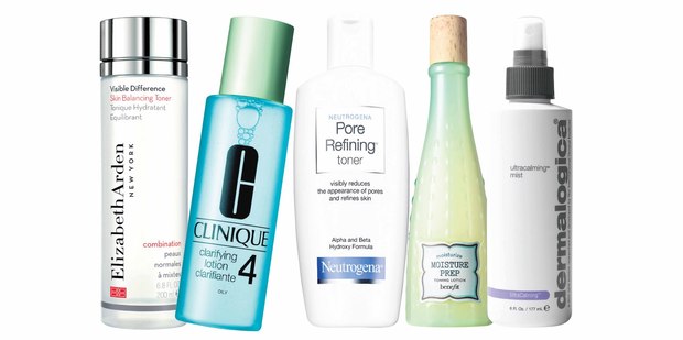 Elizabeth Arden Visible Difference Skin Balancing Toner; Clinique Clarifying Lotion No.4; Neutrogena Pore-Refining Toner; Benefit Moisture Prep Toning Lotion; Dermalogica Ultra Calming Mist.