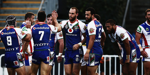 Simon Mannering of the Warriors celebrates after scoring a try during the round 12 NRL match between the New Zealand Warriors and the Newcastle Knights. Photo / Getty Images.