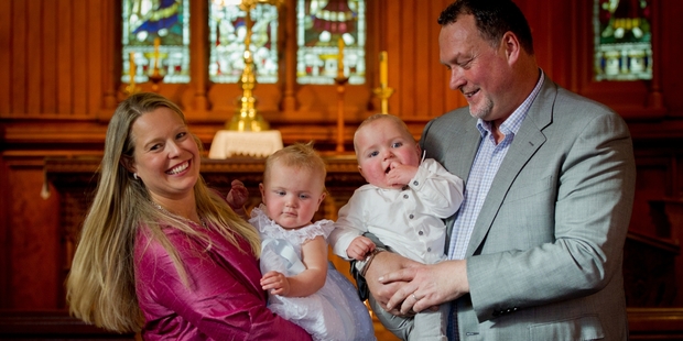 Jane (left) and Martin Weekes had twins Parker (with Martin) and Poppy (with Jane) christened.