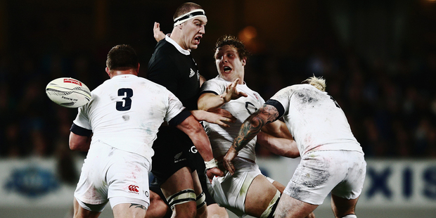 Brodie Retallick of the All Blacks loses the ball past Joe Launchbury of England. Photo / Getty Images