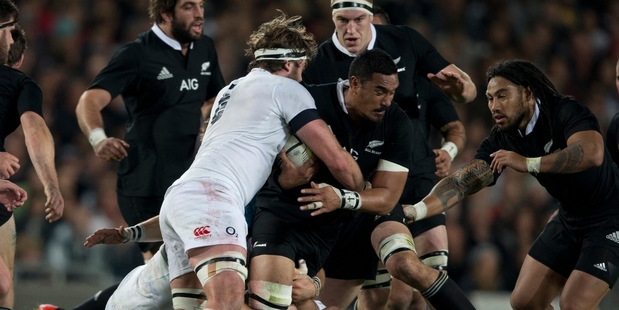 The All Blacks found it difficult to break down England last night. Photo / Brett Phibbs