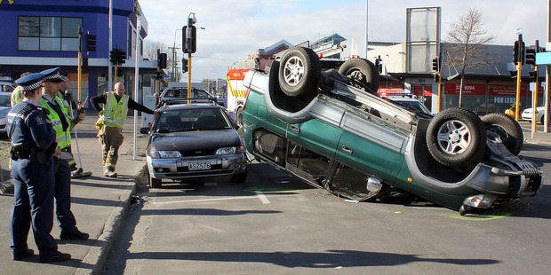 The crash on the corner of St Asaph and Colombo Streets. Photo / Geoff Sloan