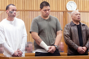 From left to right Terere MacDonald, Deuce Savage, Derek Savage appear in the Rotorua High Court. Photo / Ben Fraser