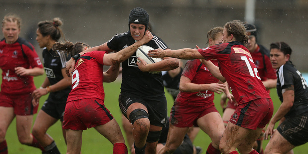 Black Ferns lock Eloise Blackwell powers through Canada's defence at Tauranga Domain yesterday. Photo/John Borren