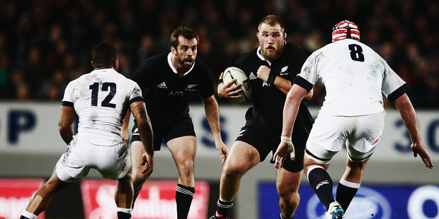 Owen Franks of the All Blacks charges forward during the International Test Match between the New Zealand All Blacks and England at Eden Park. Photo / Getty Images