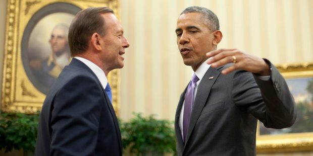 President Barack Obama talks with Australian Prime Minister Tony Abbott. Photo / AP