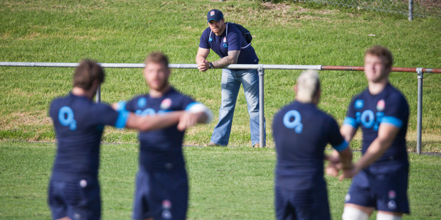 England rugby players warm up at Onewa Domain, Auckland. Photo / Greg Bowker