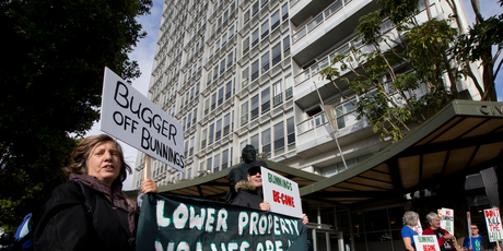 Arch Hill residents upset at plans for a Bunnings Warehouse in their neighbourhood protest outside the Civic Building last year. Photo / Brett Phibbs