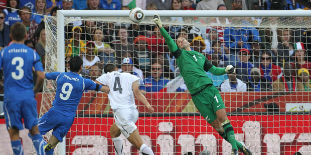New Zealand All Whites goalkeeper Mark Paston saves a shot at goal by Italy. File photo / Brett Phibbs