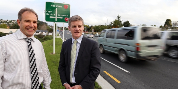 Phil Heatley and Bill English at the reconstructed SH 1/Maunu Rd (SH14) intersection. Photo/John Stone