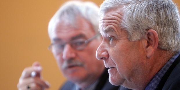 Central Hawke's Bay District Council chief executive John Freeman (left) and CHB Deputy Mayor Ian Sharp explained the council's submission to the Local Government Commission in Waipawa yesterday. Photo/Paul Taylor