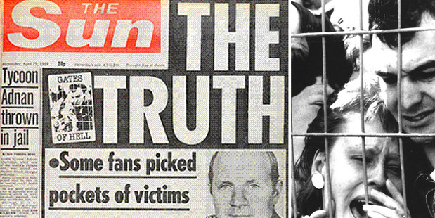 Postal workers won't deliver a free World Cup version of The Sun over this front page story. Right, a fan screams during the stadium crash that killed 96. Photo / supplied