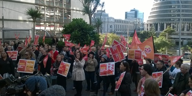 The picket outside the Ministry of Business, Innovation and Employment this morning. Photo / NZ Herald