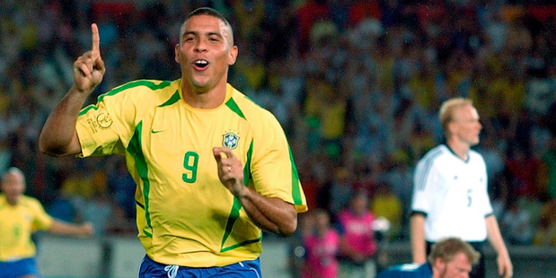 Brazil's Ronaldo reacts after scoring past Germany's goalkeeper Oliver Kahn during their 2002 World Cup final. Photo / AP