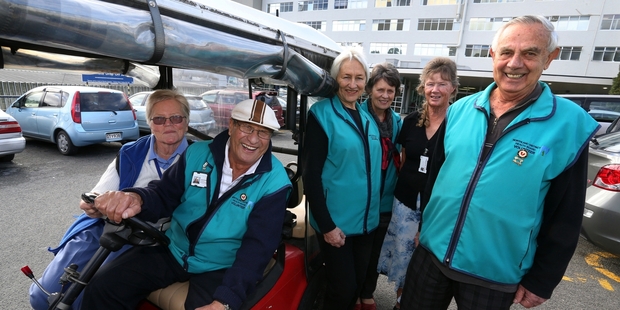 DEDICATED: Northland District Health Board volunteers (from left) Kaitaia Hospital customer services worker Dawn Hargreaves, Shuttlebug driver John Marsh, customer service worker Betsy Jones, customer service worker Thelma McMurchy; children's playroom co-ordinator Shirley Blackwell and driver Ron Murray are among more than 70 people who give up their free time to put something back into their community.