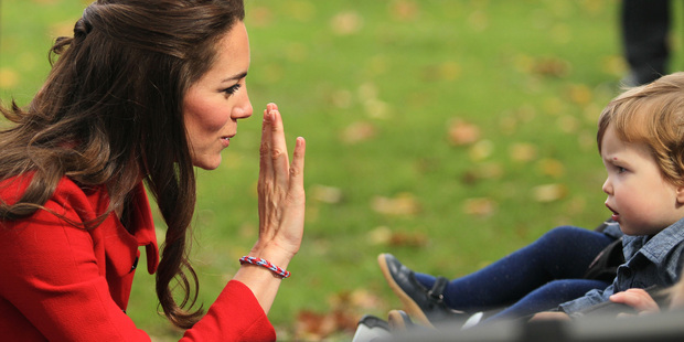 Catherine, Duchess of Cambridge wore her loom band as she greeted young toddlers at Latimer Square in Christchurch. Photo / Getty Images