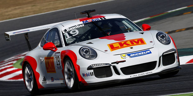 Earl Bamber's race in his Porsche Super Cup 911 was cut short while chasing down the race leader.