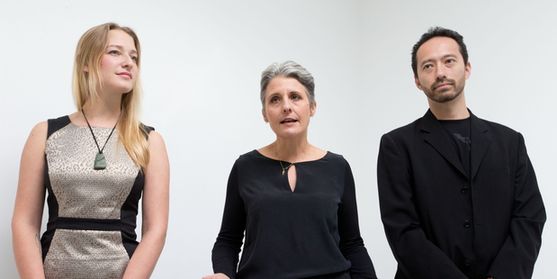 Miriam Pierard, left, Laila Harre and Chris Yong at the Internet Party Candidates Announcement in Auckland. Photo / Richard Robinson.