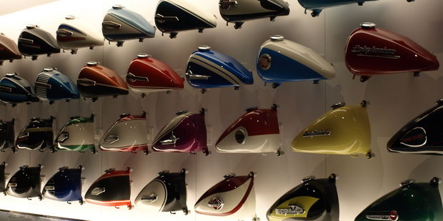 A wall of 100 fuel tanks at the Harley-Davidson Museum in Milwaukee. Photo / Pamela Wade