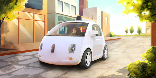 An artistic rendering of the company's self-driving car.