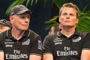 Team New Zealand Grant Dalton and skipper Dean Barker are greeted by thousands of fans at Shed 10 on Queens Wharf on Friday after returning unsuccessfully from the America's Cup in San Francisco.
