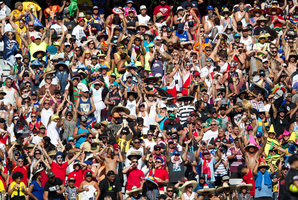 Fans get into the spirit of the NRL Auckland Nines at Eden Park. Photo / Richard Robinson