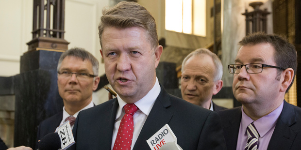 Labour leader David Cunliffe, flanked by David Parker, left, and Grant Robertson. Photo / Mark Mitchell
