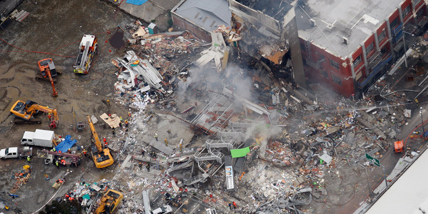 An aerial view of emergency services working at the ruined CTV building in central Christchurch. Photo / Sarah Ivey