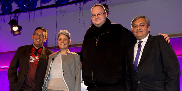 Internet-Mana's Hone Harawira, Laila Harre, Kim Dotcom and Vikram Kumar. Photo / Brett Phibbs
