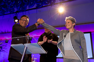 Laila Harré, right, with Mana Party's Hone Harawira and Kim Dotcom. Photo / Brett Phibbs