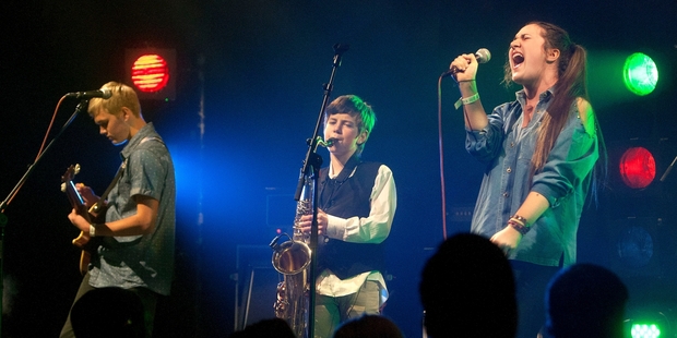 Sly Dog band members Matthew Bell, left, 16, Luke Warbridge, 13, and Sarah Wharekura, 16. Photo / Ben Fraser