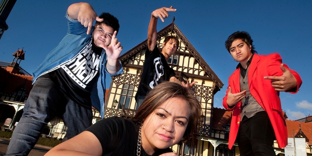 Breakthrew dance crew Brenz Whare, left, James Tango, Shanz Whare and Ariz Jacobs, front. Photo / Ben Fraser