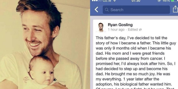 A fake post tried to con Facebook users into believing Ryan Gosling had become a father. Photo/Facebook