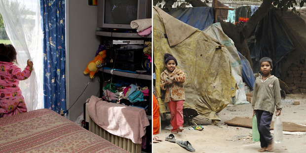 (Left) A 2-year-old looks out of the one bedroom rental she shares with her family in Mangere. Right, children in a Mumbai slum. Photo / APN, Getty Images