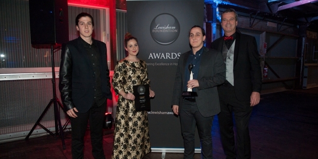 Maurice, Phoebe & James Trezevant-Miller of Mint Kitchen Catering, receiving the Outstanding Caterer 2014 prize at the Lewisham Foundation Awards, presented by Roger Howie.