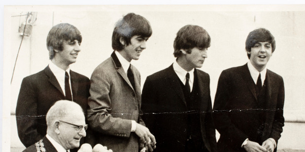 The Beatles at the Auckland civic reception with Mayor Robbie (John Baker collection).