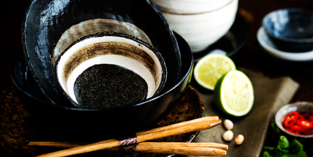 Pottery bowls, plates and chop sticks from Japanese Lifestyle Goods. Photo / Babiche Martens.