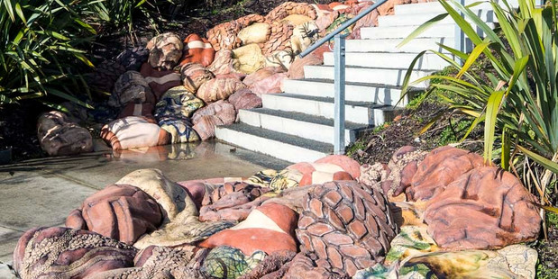 A ceramic "lava-flow" artwork on the steps to Clark's Lane Bridge. Photo / Patrick Reynolds