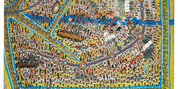 Carnarvon collision (Big map) 2006, by Vincent Serico, synthetic polymer paint on linen. Queensland Art Gallery Foundation.