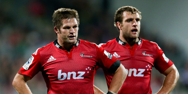 Richie McCaw (L) and Luke Whitelock (R) react after the round 14 Super Rugby match between the Crusaders and the Sharks at AMI Stadium. Photo / Getty Images.
