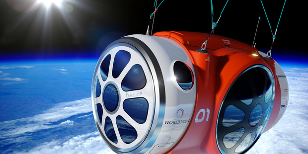 This artist rendering provided by World View Enterprises shows the World View Voyager pressurized space capsule that will be transported to the edge of space.
