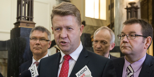 Labour leader David Cunliffe, flanked by David Parker, left, and Grant Robertson. Photo / Mark Mitchell