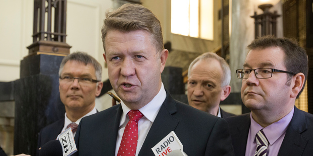 David Cunliffe, flanked by David Parker, left, and Grant Robertson. Photo / Mark Mitchell