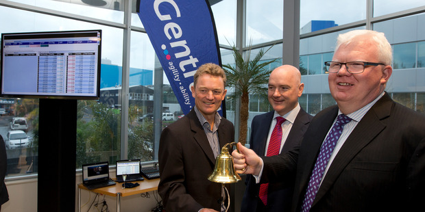 (L-R) Gentrack CEO James Docking, chairman John Clifford with NZX chief executive Tim Bennett during Gentrack sharemarket listing event. Photo / Brett Phibbs