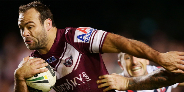 Manly's Brett Stewart makes a break during the match between the Manly Sea Eagles and the Sydney Roosters at Brookvale Oval in Sydney on Friday. Photo / Getty Images