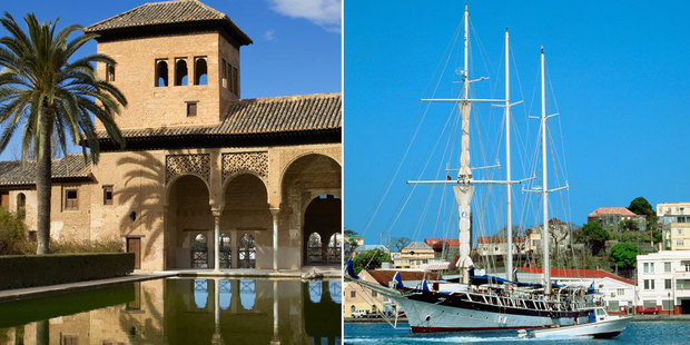 Edward Gamson wanted to enjoy the Moorish architecture of Granada (left). Instead, he was stuck on a plane to Grenada in the Caribbean (right). Photo / Getty Images