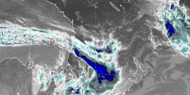 The storm front shown in a satellite image from the Australian Bureau of Meteorology.