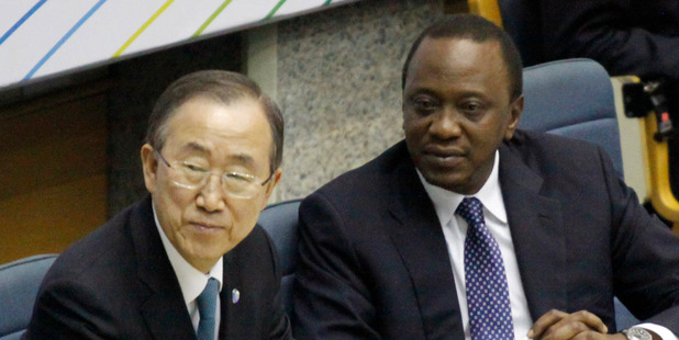 UN Secretary-General Ban Ki-moon left and Kenyan President Uhuru Kenyatta. Photo / AP